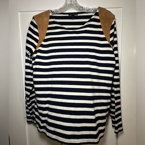 J.Crew and white long sleeve top with leather shoulder patches